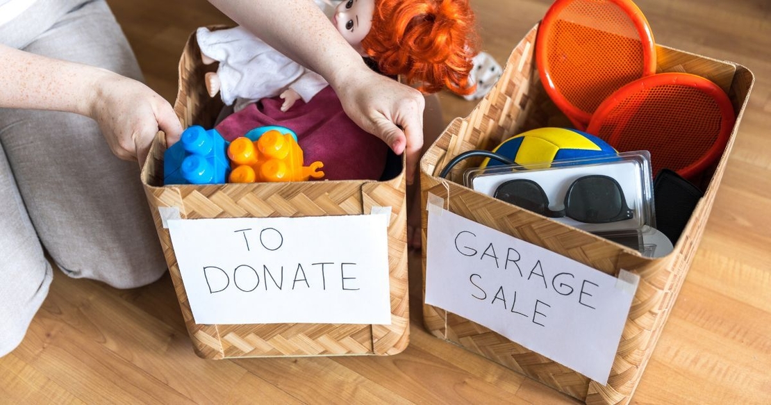 Boxes with donate and garage sale labels